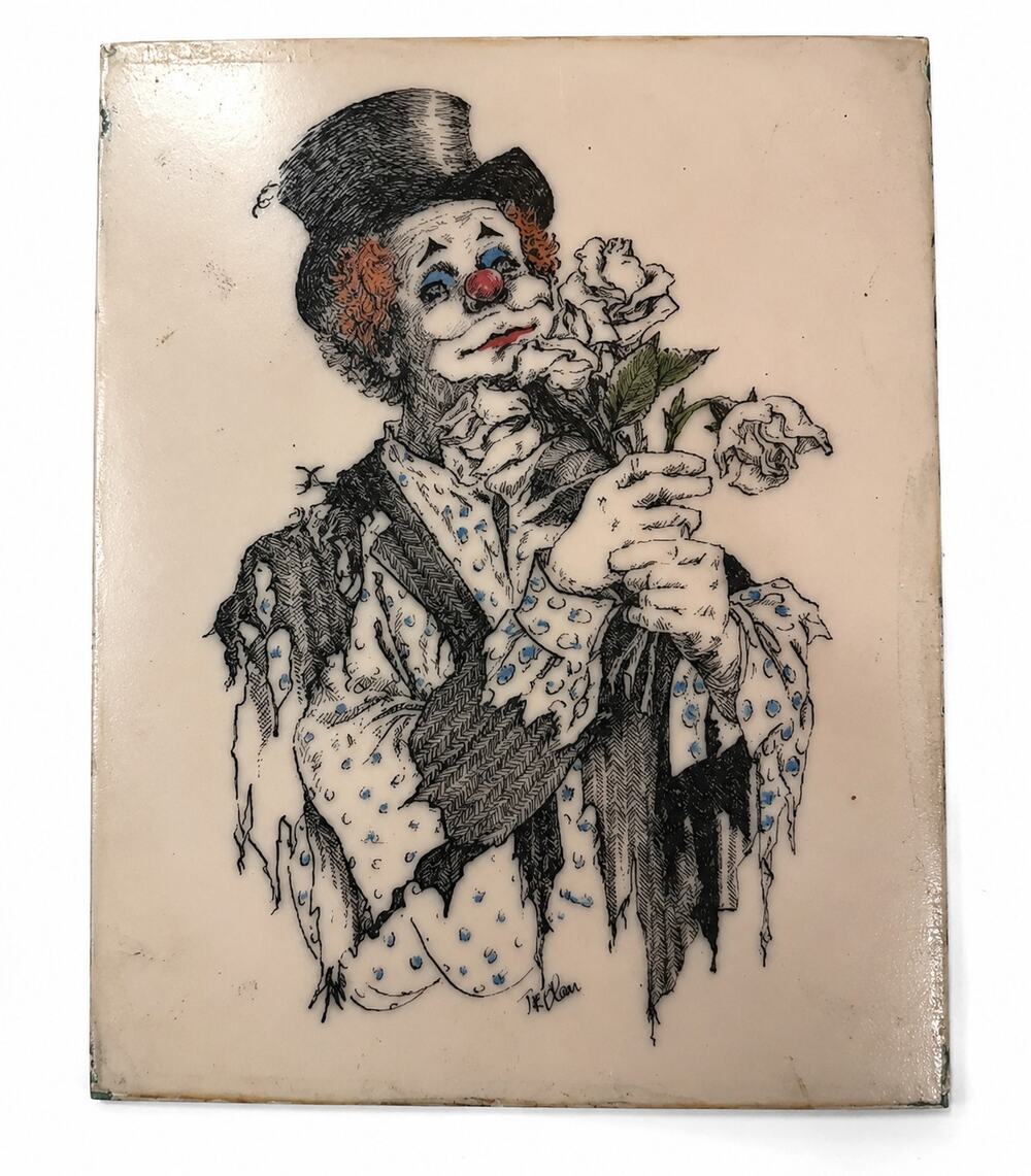 Vintage Signed Clown Portrait Painted Etched Glass Tile Panel Flowers 8x10